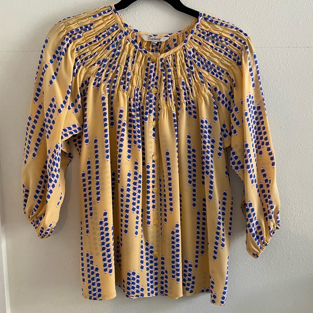 Silk Tucker Blouse Yellow Print